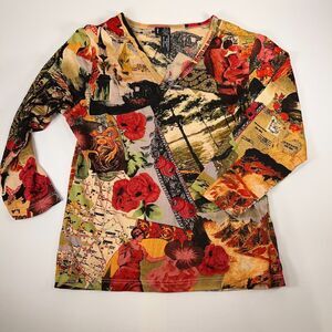 Lynn Ritchie S Small Shirt Top Cream Red V Neck Silk Shirt - 3/4 length sleeve